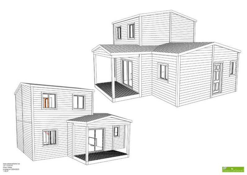Dos casas prefabricadas en estilo minimalista, una con porche y otra de dos pisos. Diseño en blanco.