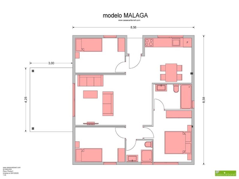Plano de una casa con cuatro habitaciones y espacios comunes distribuidos.