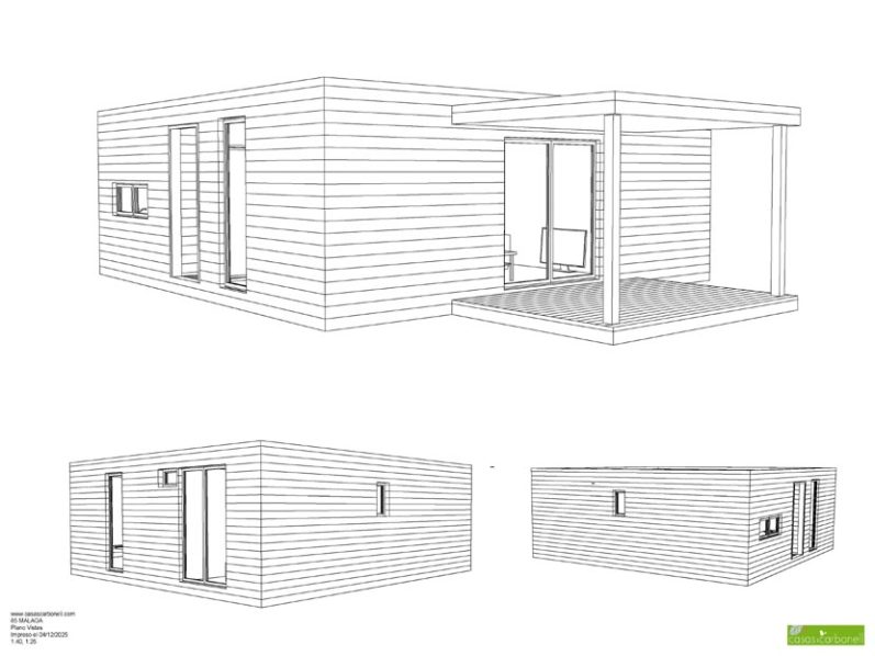 Diseño arquitectónico en línea de una casa moderna en diferentes vistas.