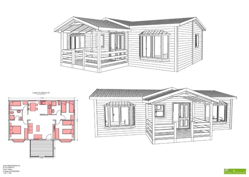 Casa prefabricada de madera con porche, vista frontal, lateral y plano de distribución interior.