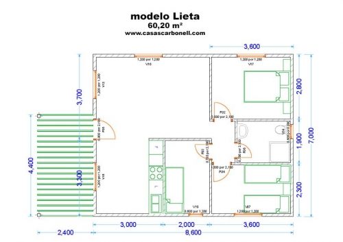 Planta del modelo Lieta de 70 m² con distribución de habitaciones y dimensiones.